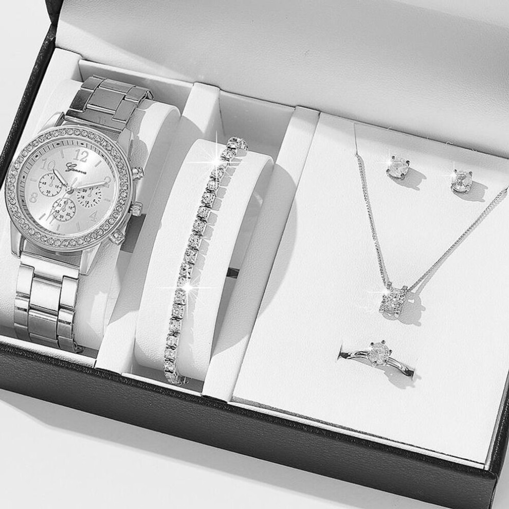 (silver) 6pcs Set Luxury Watch Women Ring Necklace Earrings Rhinestone Fashion Wristwatch Female Casual Ladies Watches Bracelet Set Clock