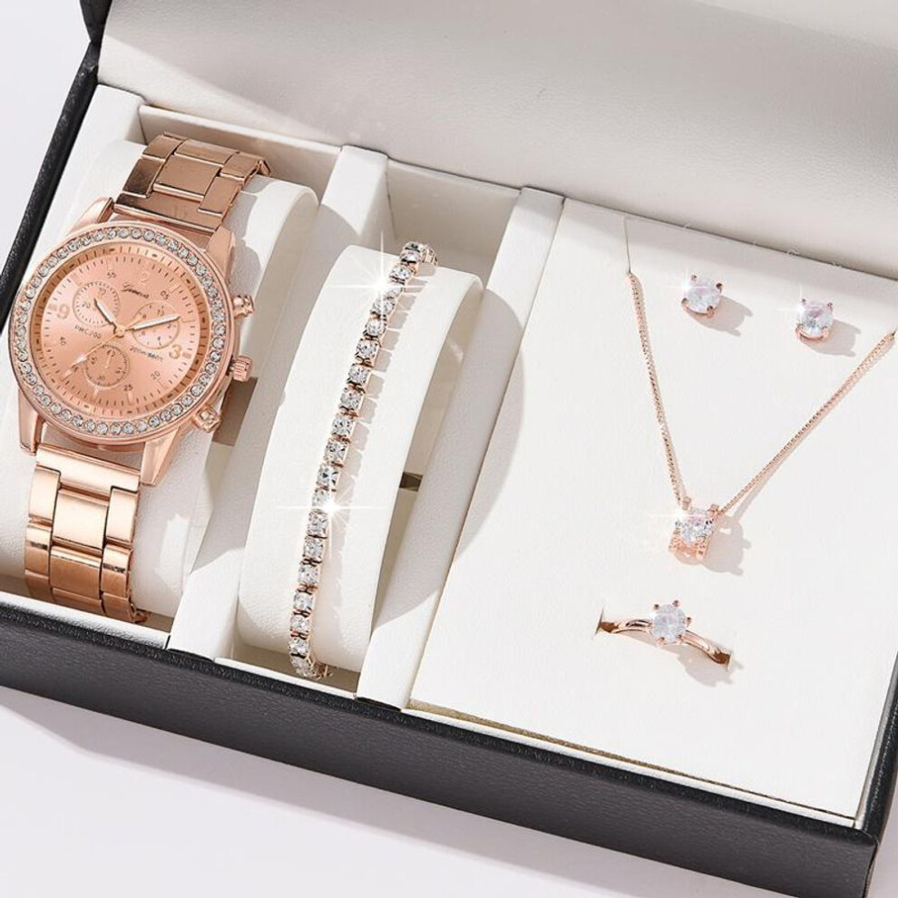 (rose gold) 6pcs Set Luxury Watch Women Ring Necklace Earrings Rhinestone Fashion Wristwatch Female Casual Ladies Watches Bracelet Set Clock