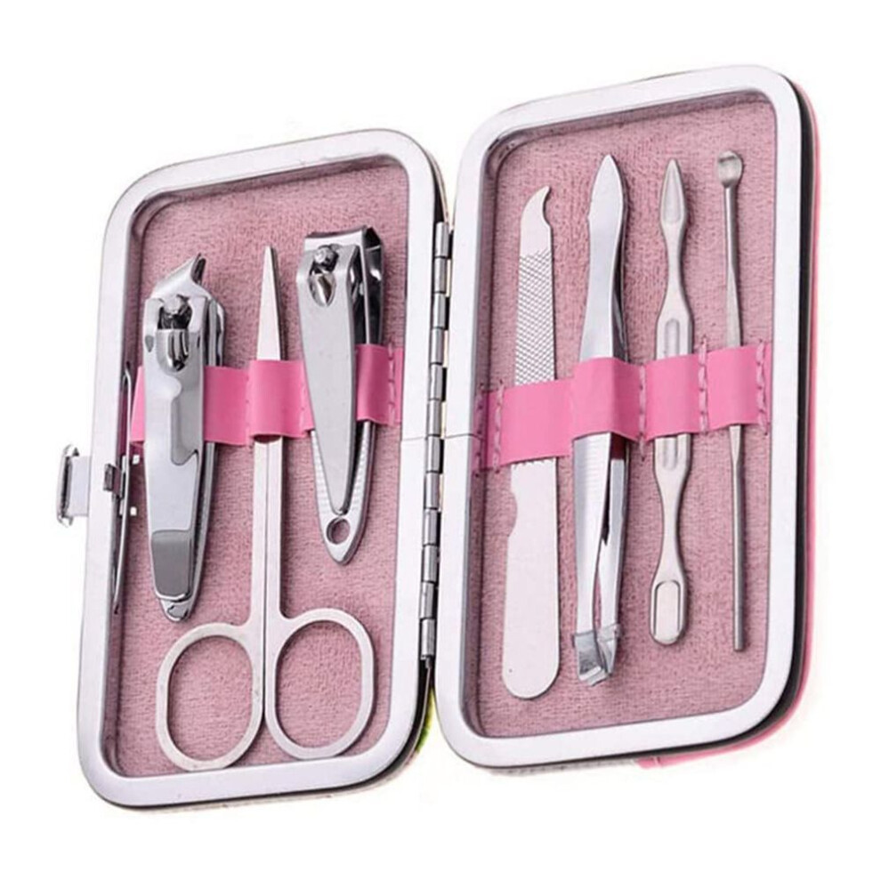 (pink, One Size) Nail Clipper 7pcs Set Nail Scissors Grooming Travel Case Tools Manicure Pedicure Kit Ear Pick Tweezers Nail File For Women 7 In 1