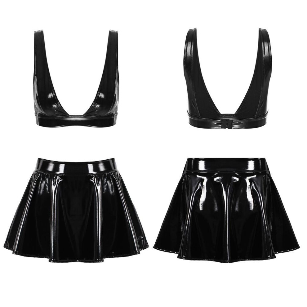 (black, XL) Women 2pcs Patent Leather Sexy Bra Top With Flared Mini Skirts Sets Rave Dance Party Clubwear