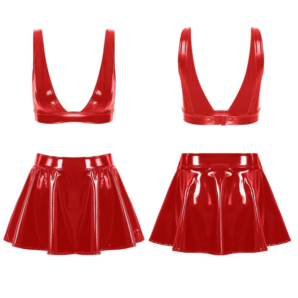 (red, S) Women 2pcs Patent Leather Sexy Bra Top With Flared Mini Skirts Sets Rave Dance Party Clubwear
