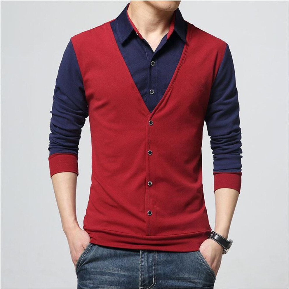 (red, XXL) Men's T-shirt Autumn T-shirts Large Size Men Polo Neck Shirt Korean Contrast Color Business Men Long Sleeve Shirts