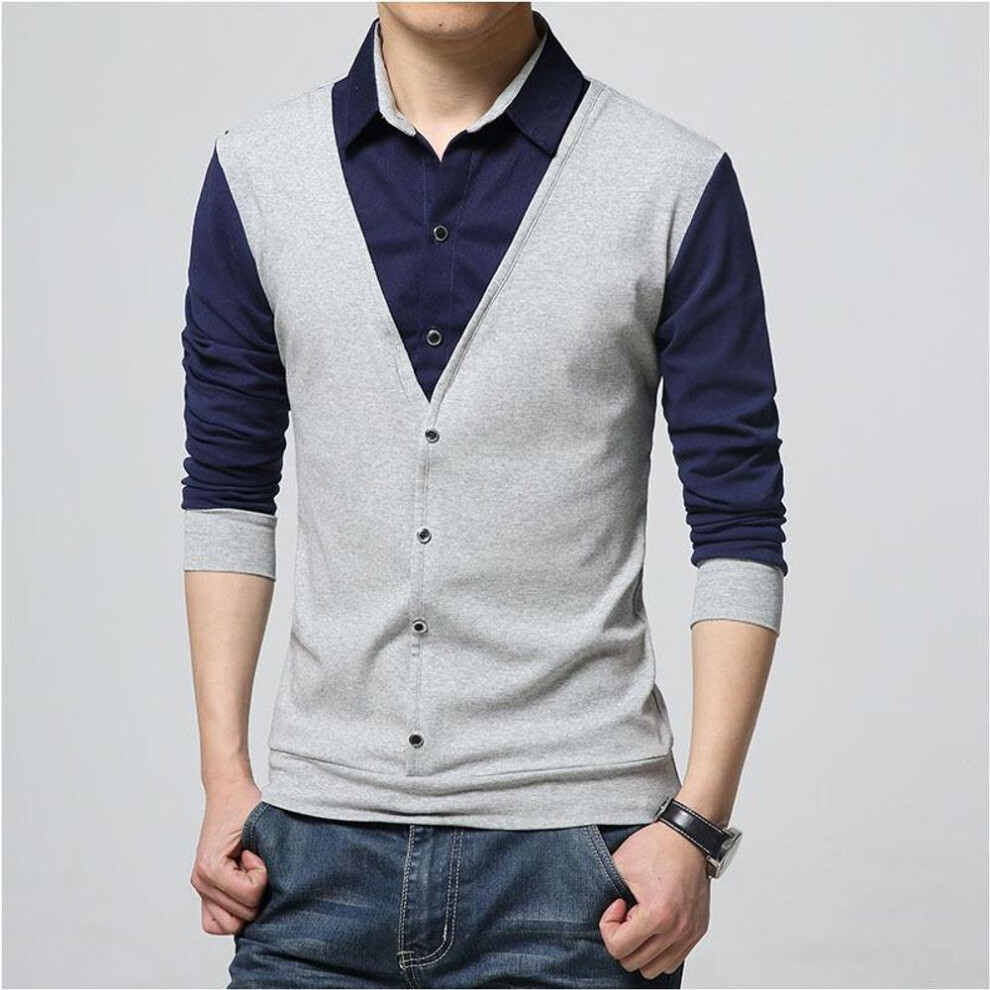 (light grey, M) Men&apos;s T-shirt Autumn T-shirts Large Size Men Polo Neck Shirt Korean Contrast Color Business Men Long Sleeve Shirts