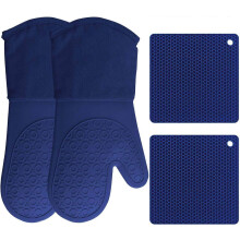 (As show, One size) 4-piece set of silicone oven gloves and pot holders, heavy-duty cooking gloves, kitchen counter safety three-legged mat, high-grade heat-resistant, no