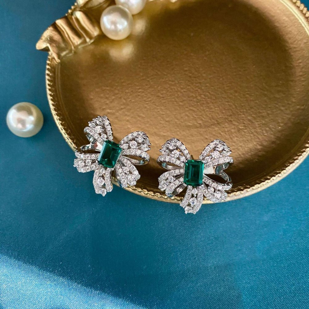 (green) Tancise 925 Sterling Silver Lab Emerald Full Diamond Classic Vintage Earrings