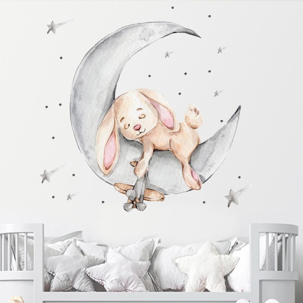 Cartoon Rabbit Sleeping On The Moon And Stars Wall Stickers For Kids Room Baby Room Decoration Wall Decals Room Interior