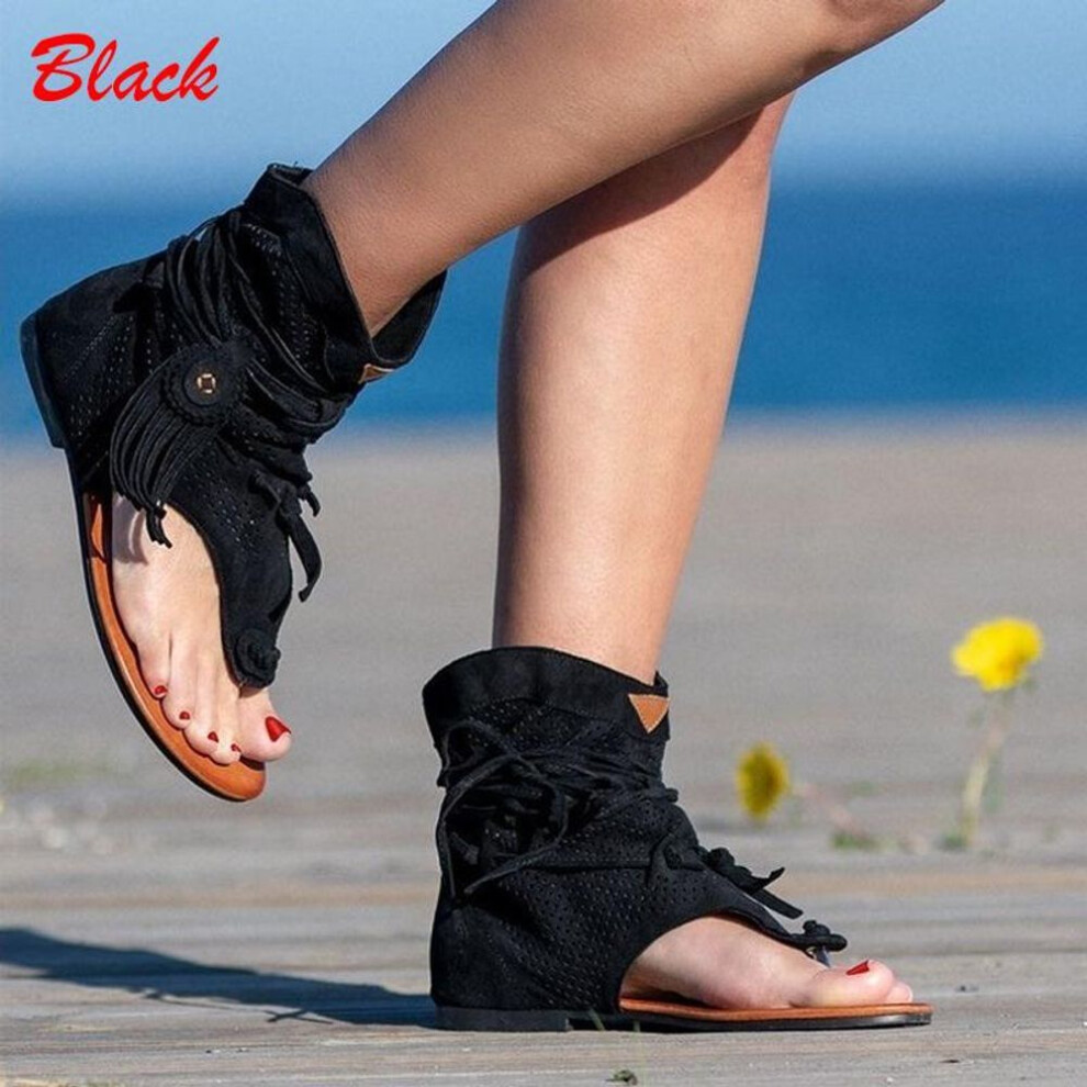(black, 36) Women&apos;s Rome Ladies Clip Toe Vintage Boots Tassel Sandals Gladiator Retro Fashion Summer Casual