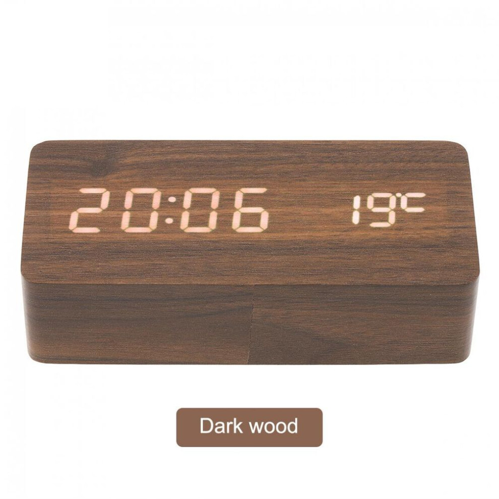 (dark brown) Led Wood Alarm Clock Voice Control Time Date Temperature Digital Rectangle Desktop Clocks