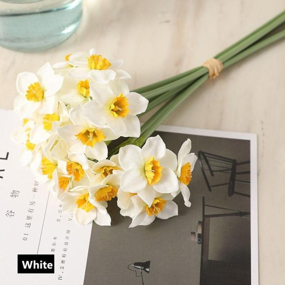 (white) Artificial Narcissus Flower Bouquet Home Decoration Fake Desktop Flowers Wedding Scene Decor Daffodil