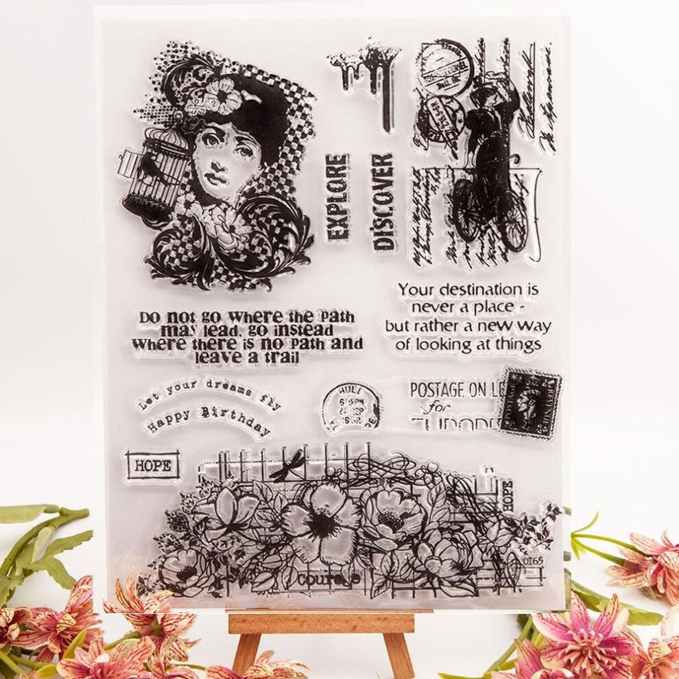 (No.7-Flower Lady) Flower Leaf Transparent Silicone Clear Stamp for Seal DIY Scrapbooking Album Clear Stamps Butterfly Lady Vine