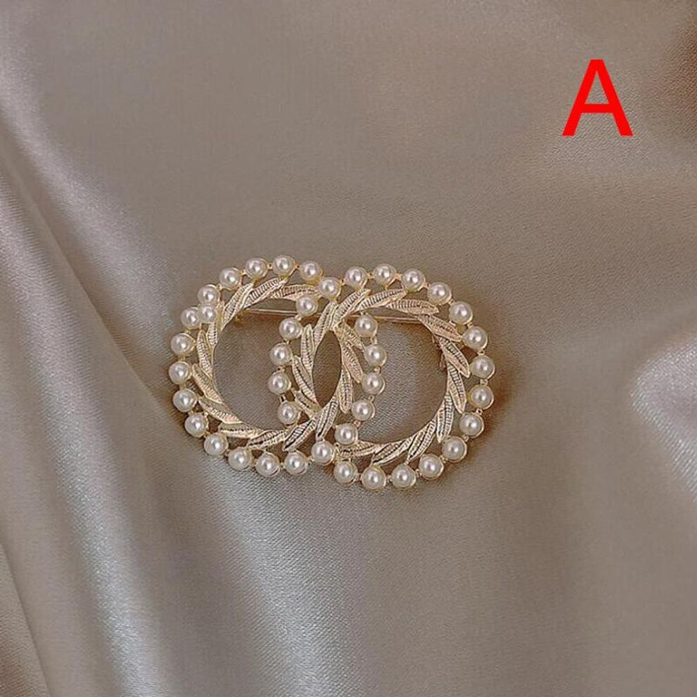 (white) Pearl Colorful Enamel Double Circle Brooch Coat Scarf Pin