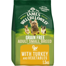 1.5kg James Wellbeloved Grain Free Adult Small Breed Dry Dog Food Turkey & Veg