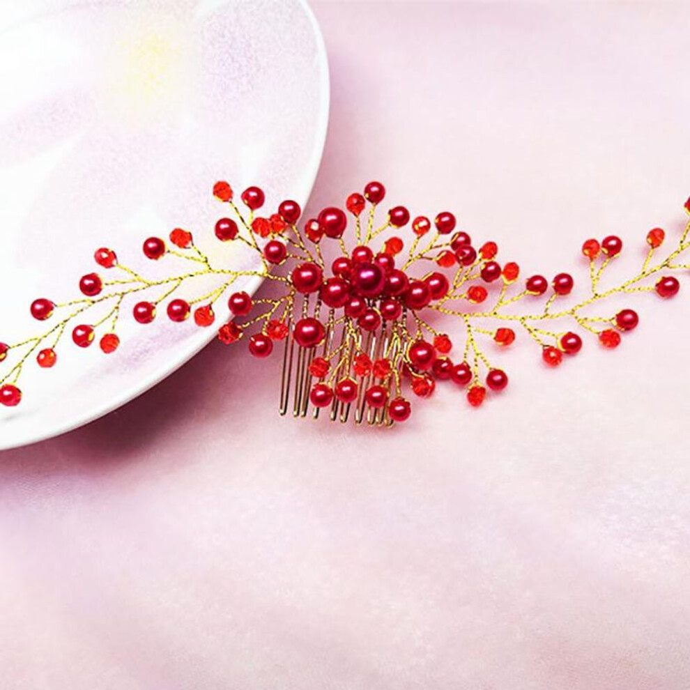(red) Women Bridal Hair Jewelry Crystal Peals Hair Combs Wedding Dress Hair Accessories Hair Pins Handmade Hair Ornaments
