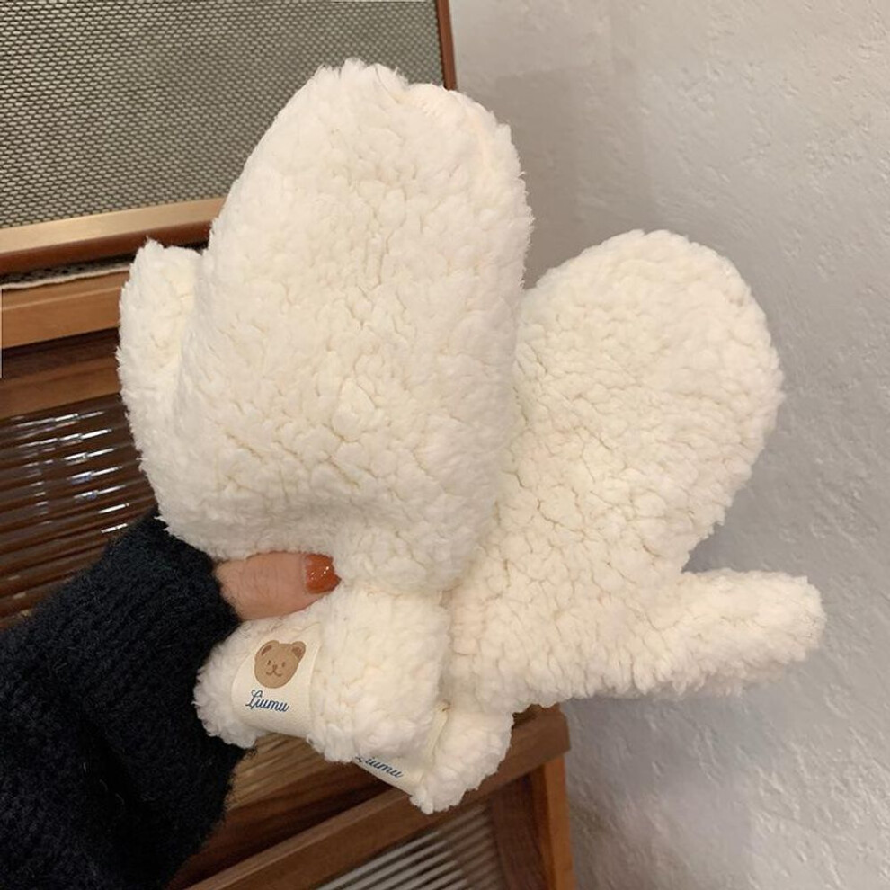 (white) Windproof Mittens Cute Bear Claw White Gloves Plush Thickened Winter Keep Warm Students Cold  Hanging Neck Famale