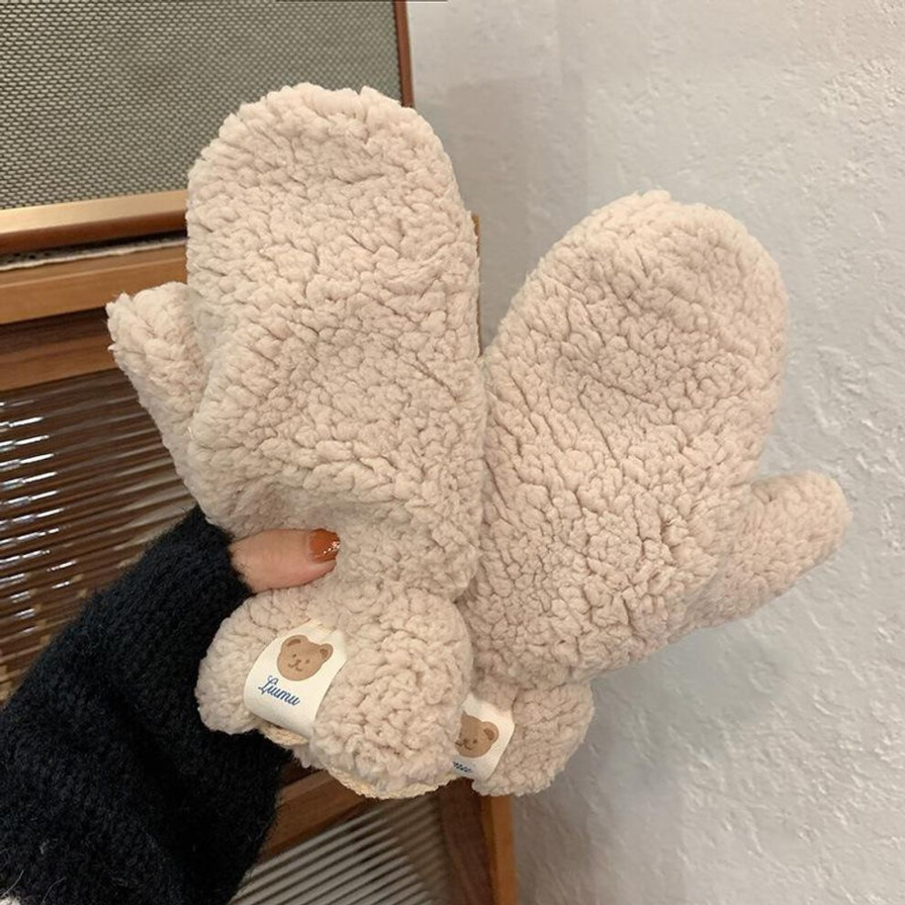 (beige) Windproof Mittens Cute Bear Claw White Gloves Plush Thickened Winter Keep Warm Students Cold  Hanging Neck Famale