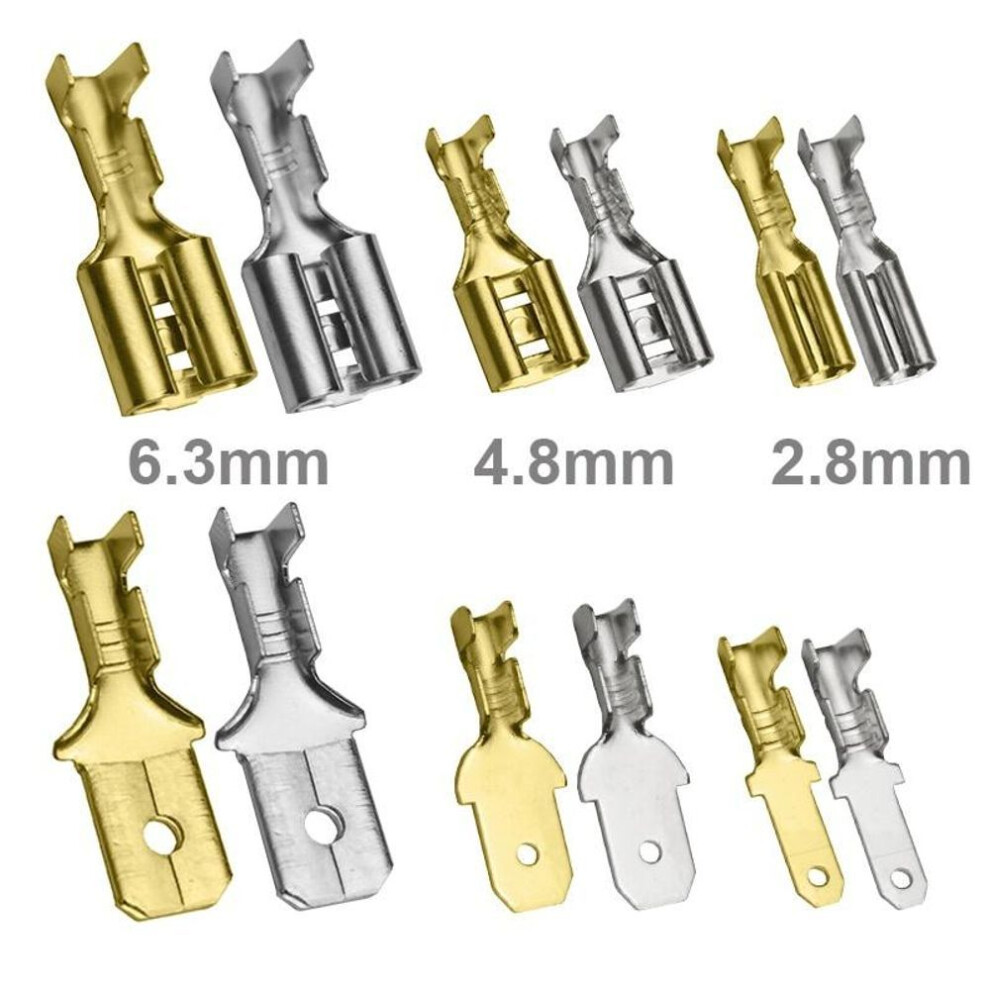 (silver 6.3mm) 200pcs 2.8mm 4.8mm 6.3mm Plug Spring Female Male Spade Cold Crimp Terminals Connector Car Speaker Electrical Wire Connectors Set