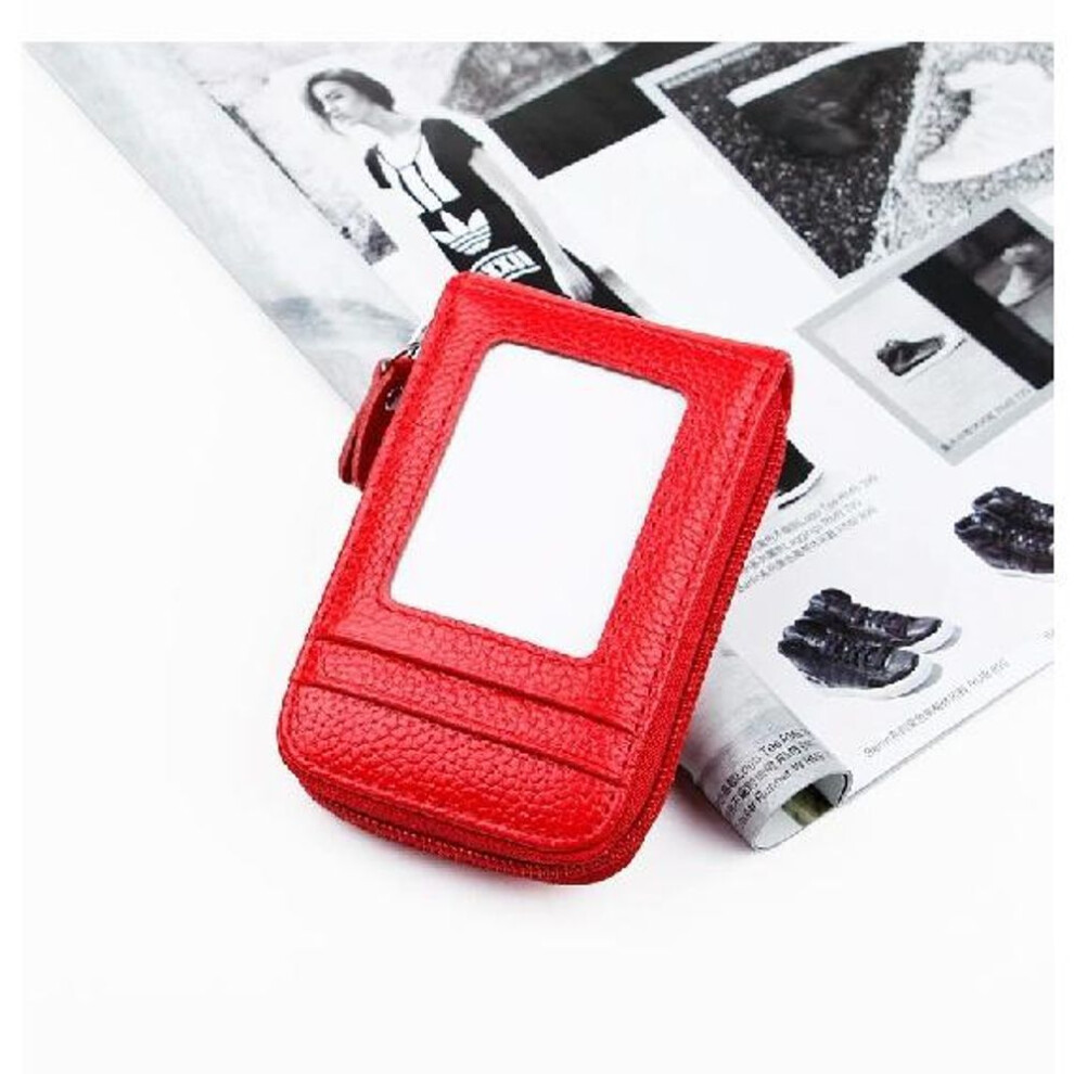 (red) Rfid Men&apos;s Card Holder Unisex Wallet Genuine Leather Business Card Holder Zipper Card Protect Case Id Bank Card Holders Purse
