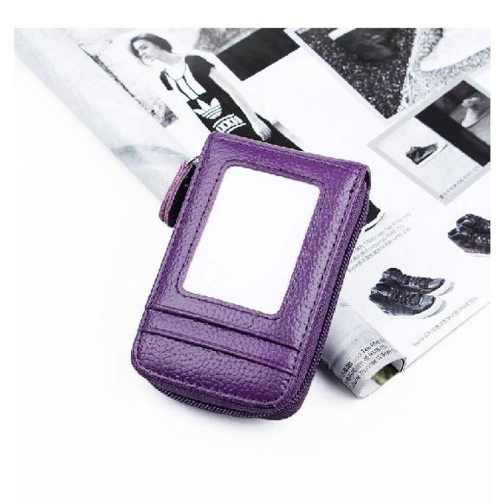 (purple) RFID Men&apos;s Card Holder Unisex Wallet Genuine Leather Business Card Holder Zipper Card Protect Case ID Bank Card Holders Purse