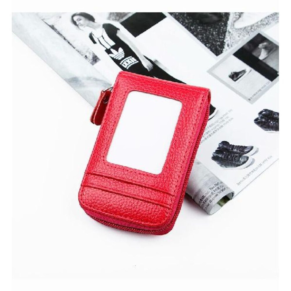(rose red) Rfid Men&apos;s Card Holder Unisex Wallet Genuine Leather Business Card Holder Zipper Card Protect Case Id Bank Card Holders Purse