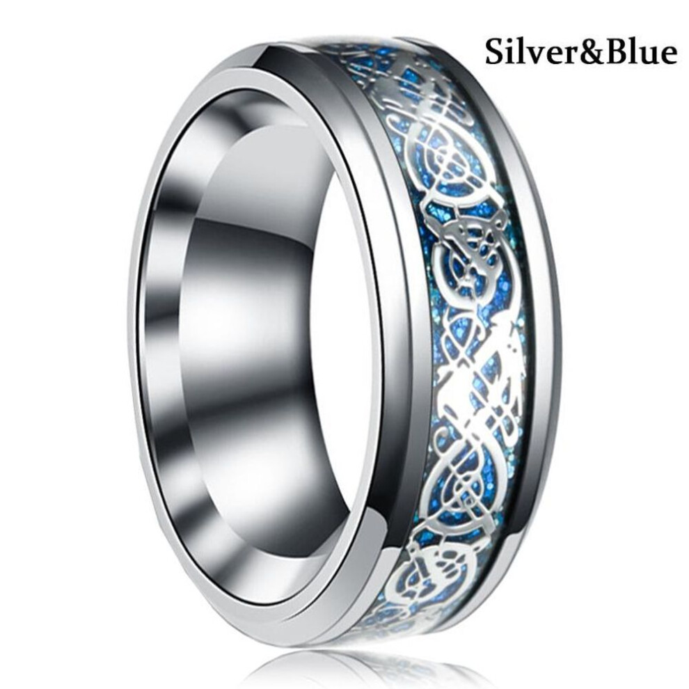 (silver,blue, 8) 8 Colors 8mm Men&apos;s Stainless Steel Dragon Ring Inlay Red Green Black Carbon Fiber Ring Wedding Band Jewelry Size 7-12
