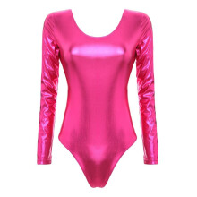 (hot pink, L) Women One-piece Patent Leather Long Sleeves Leotard Gymnastics Ballet Dance Leotard