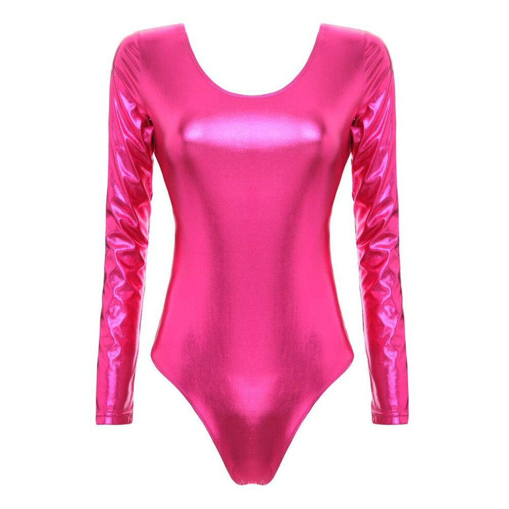 (hot pink, L) Women One-piece Patent Leather Long Sleeves Leotard Gymnastics Ballet Dance Leotard