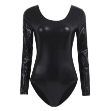 (black, XL) Women One-piece Patent Leather Long Sleeves Leotard Gymnastics Ballet Dance Leotard