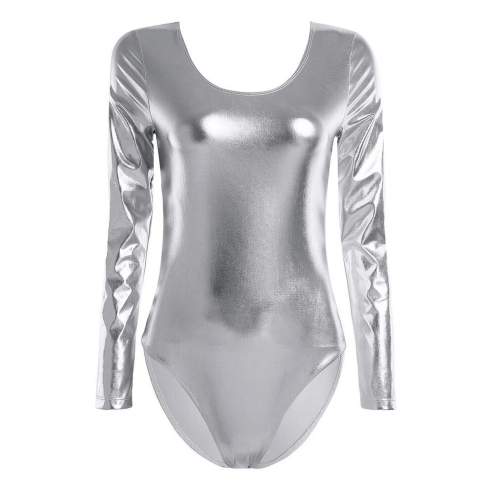 (silver, 3XL) Women One-piece Patent Leather Long Sleeves Leotard Gymnastics Ballet Dance Leotard