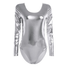 (silver, XL) Women One-piece Patent Leather Long Sleeves Leotard Gymnastics Ballet Dance Leotard