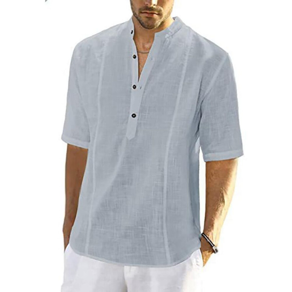 (grey, M) Summer Cotton Linen Shirts Men&apos;s Blouse Tops Solid Color Casual T-Shirt Loose Breathable Stand Collar Short Sleeve Men Shirts