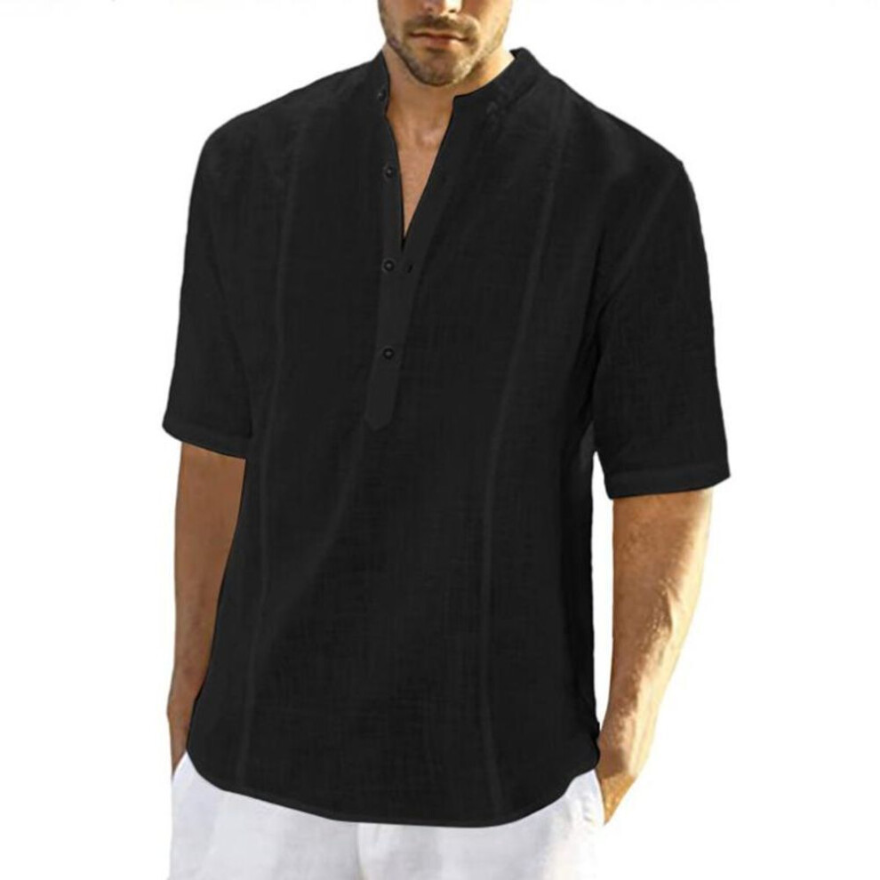 (black, 2XL) Summer Cotton Linen Shirts Men&apos;s Blouse Tops Solid Color Casual T-Shirt Loose Breathable Stand Collar Short Sleeve Men Shirts