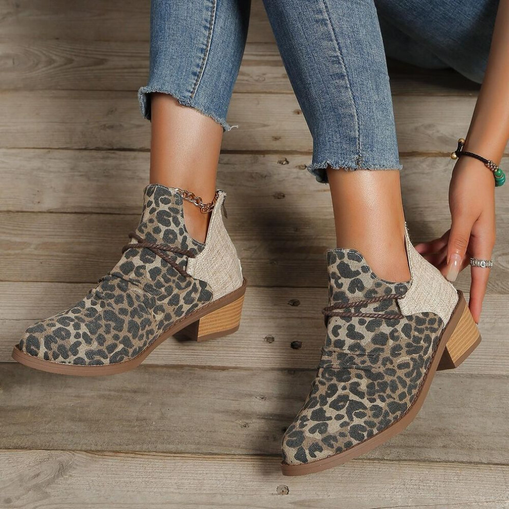 (leopard, 38) Women&apos;s Denim Boots Leopard Canvas Shallow Ankle Boots 2023 Autumn Casual Ladies Mid Heels Pointed Toe Female Woman Flats Shoes