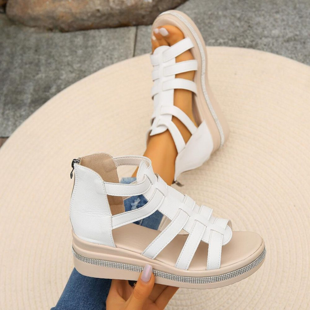 (white, 36) New Summer Women&apos;s Sandals Soft Leather Slope Heel Water Diamond Thick Sole Roman Sandals Elegant Hollow Fashion Women&apos;s Shoes