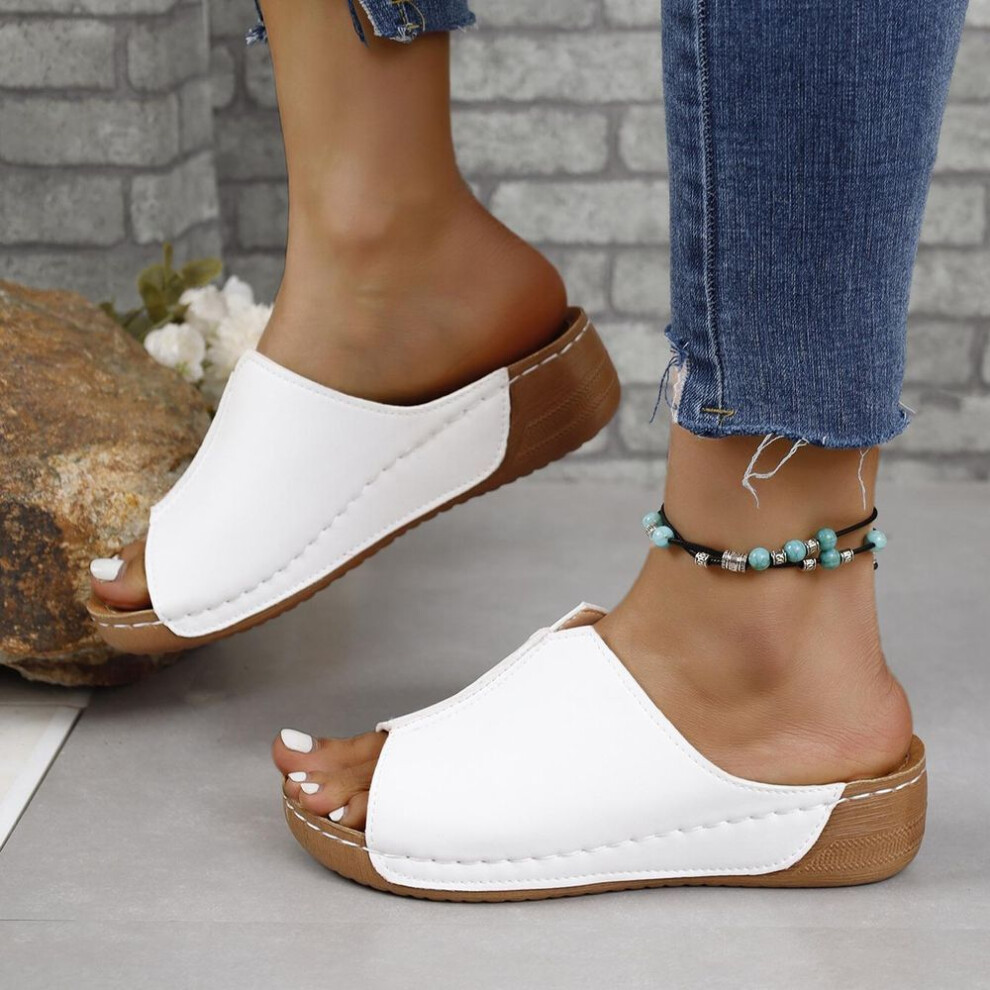 (white, 37) 2024 Spring and Summer New Slippery Women&apos;s Comfortable Slope Heel Thick Sole Simple and Casual External Wearing Slippers