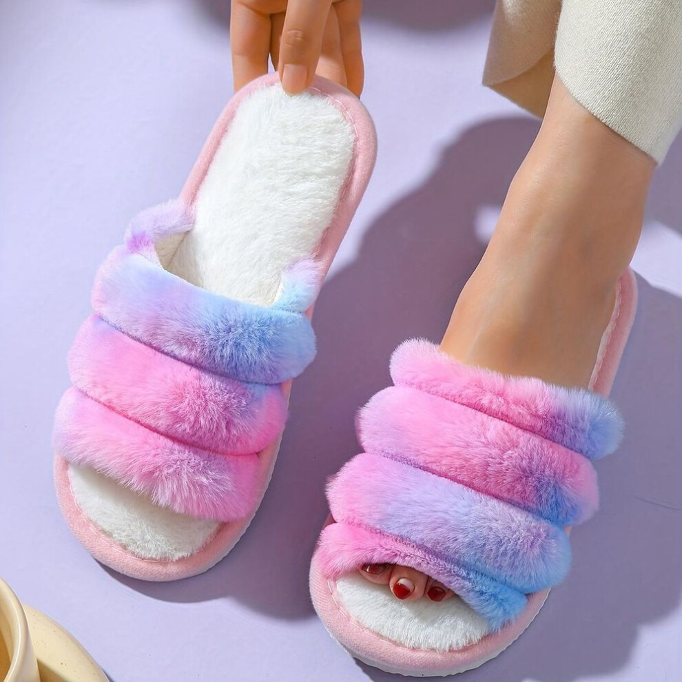 (multicolor, 38-39) Women&apos;s Colorful Faux Fur Slippers, Casual Open Toe Plush Lined Slip On Flat Slide Sandals, Comfortable & Warm Indoor Shoes