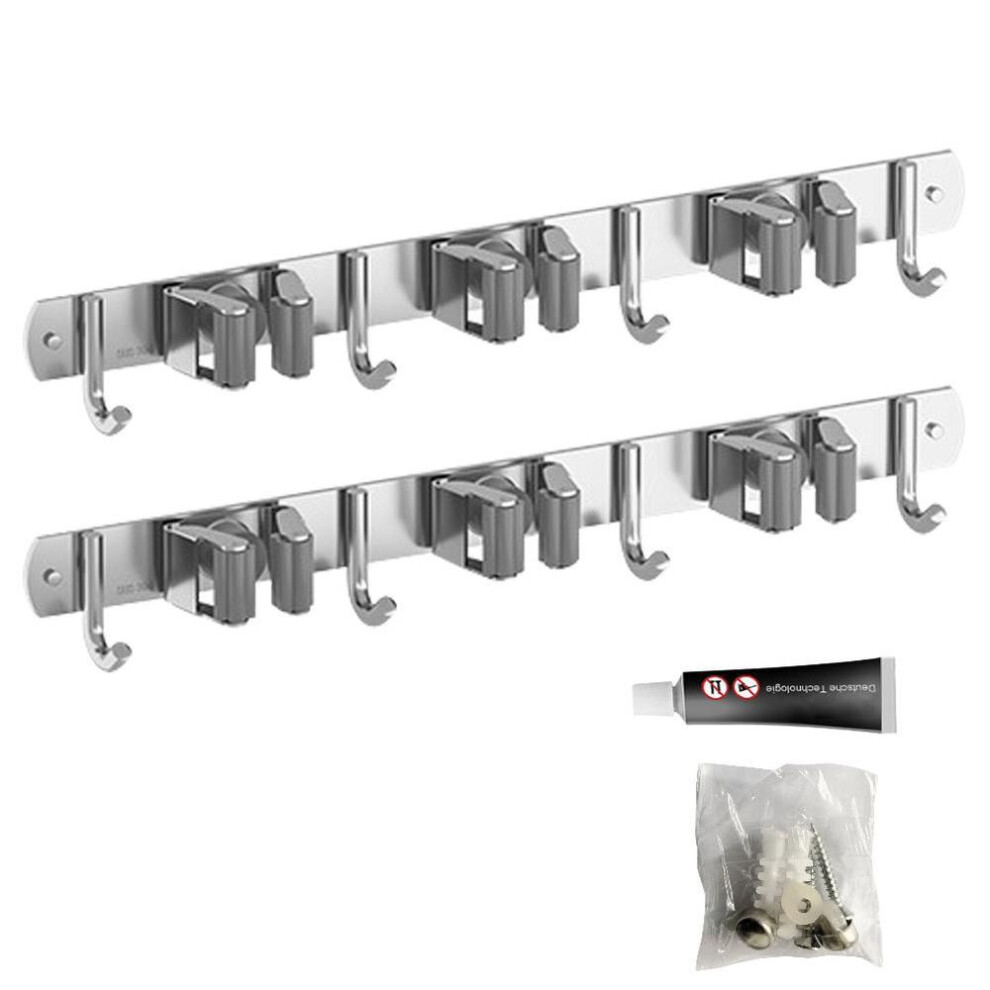 (grey) 2 Pcs Broom Holder Wall Mount Stainless Steel Mop Holder Broom Hanger Heavy Duty Broom Holder For