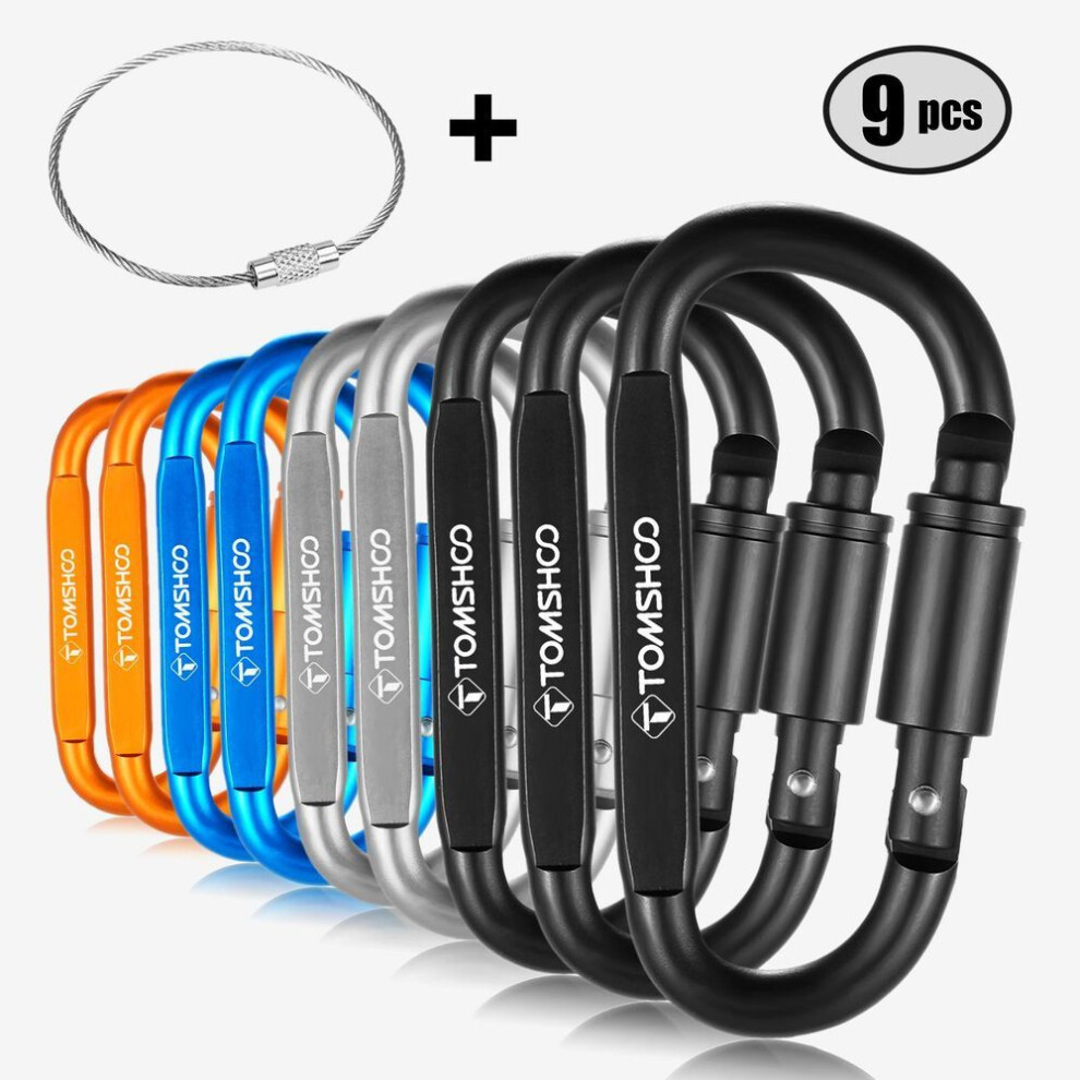 (multicolor) Tomshoo 9 Pack Aluminum Alloy D-ring Locking Carabiner Clip Set Screw Lock Hanging Hook Buckle Keychain With Steel Wire Ring