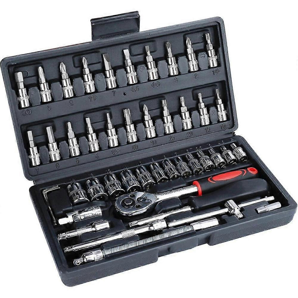 (As Show, One Size) 1/4 Socket Set 46 Pieces Carbon Steel Torque Wrench Socket Set With Ratchets, Socket Wrench, T-Handle, Universal Joint, Ratchet Ca 5093442662924