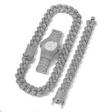 (As show, One size) Men Hip Hop 9" Wristwatch & 8" Bracelet & 18" Cuban Necklace JUI