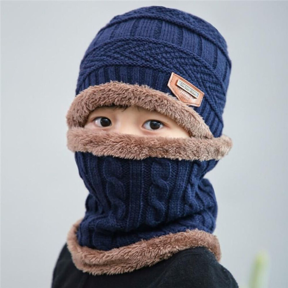 (navy blue) Kids Boys Girls Winter Fleece Hat Scarf Thicken Knit Windproof Hats Bib Scarves Children