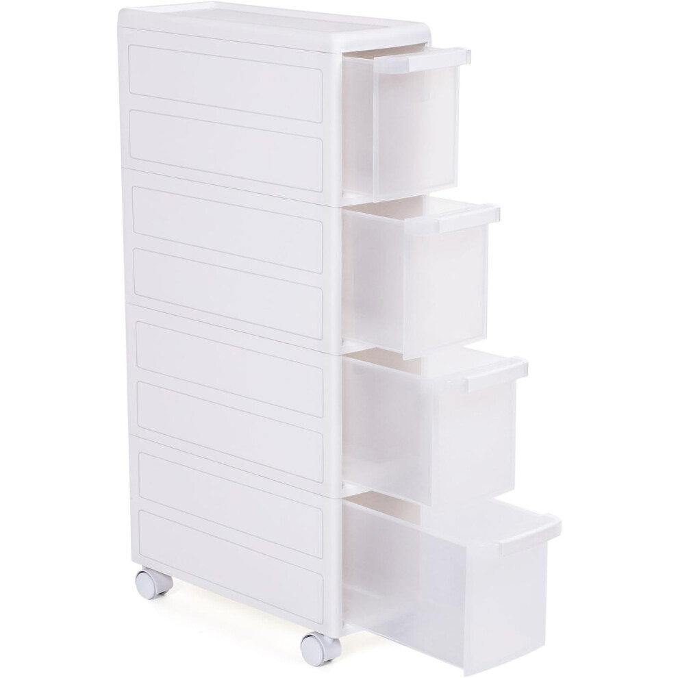 (18 x 84,5 x 46 cm) 4 Drawer Built-in Shelving Unit 2 Pieces Freestanding Use Kitchen Bathroom Shelving Rack Utility Trolley with Wheels 84.5cm High White, Modern