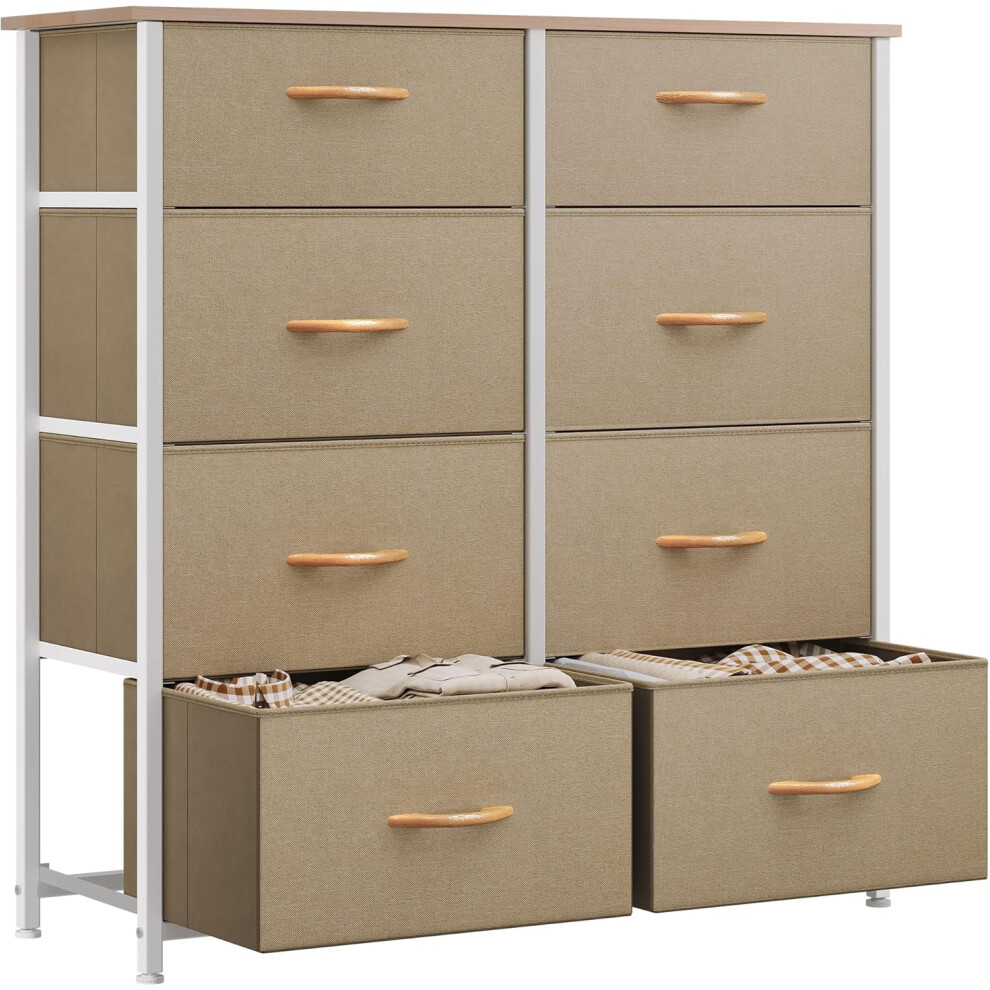 (Khaki) Bedroom Dresser with 8 Drawers, Storage Drawer Organizer, Bedroom Living Room Closet Drawer Chest, Sturdy Steel Frame, Wood Panel, Fabric Drawers