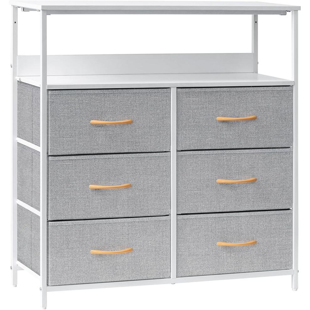 (Snow Gray) Chest of drawers with shelves, easy to assemble fabric storage drawers, 6 drawer dresser with sturdy steel frame and wooden top