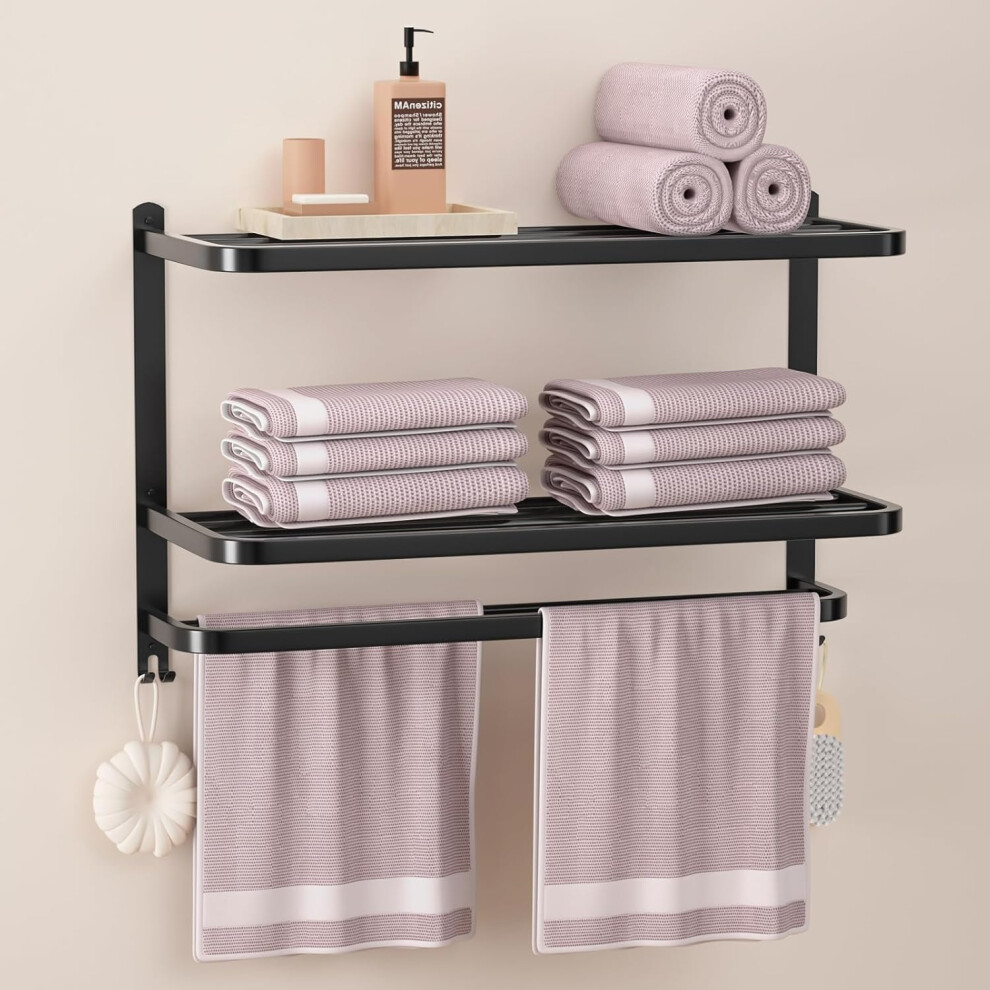 (Black 3tier) 3 Tier Black Bathroom Towel Rack, Multi-Tier Hotel Towel Rack, Stainless Steel Wall Mount Matte Finish Towel Rack with Towel Holder 23 Inch
