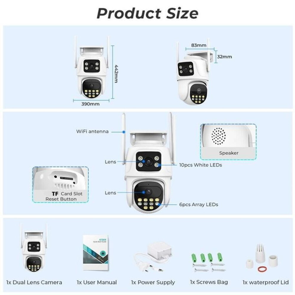 (UK) Surveillance Wifi Camera Dual Lens Color Night Vision Ai Auto Tracking Cloudwireless Security Camera 6mp 4k Dual Screen Icsee Outdoor