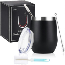 (As show, One size) Stainless Steel Wine Tumbler with Lid and Straw, Double Walled Wine Glass Tumbler(Black)