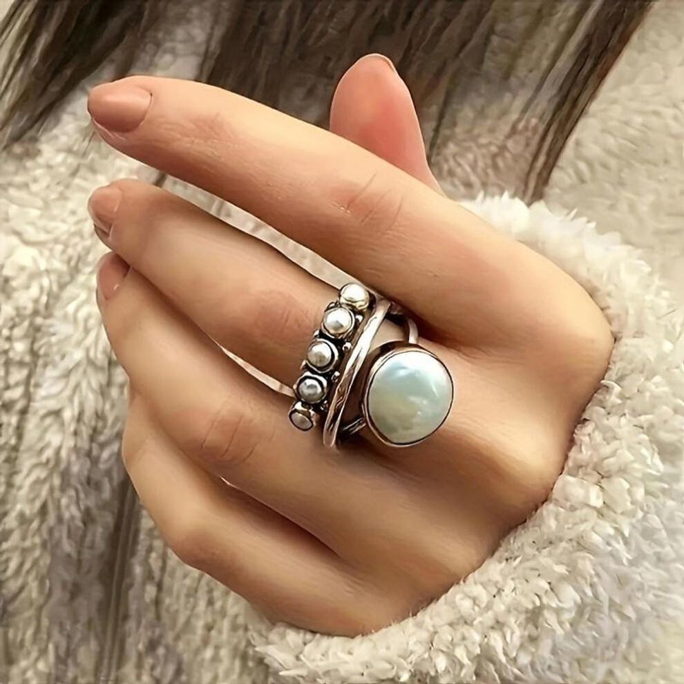 (as the picture, 10) Elegant Vintage Ring with Pearl Inlay - Unisex Accessory