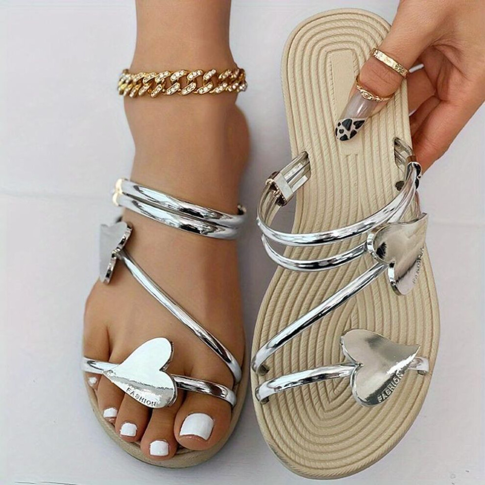 (silver gray, 42) Women&apos;s Heart Flat Slide Sandals, Fashionable Open Toe Non Slip Shoes, Outdoor Beach Slides