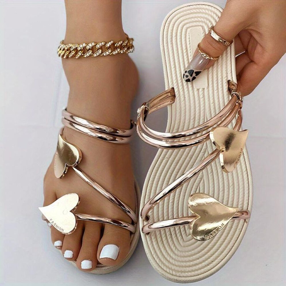 (rose gold, 36) Women&apos;s Heart Flat Slide Sandals, Fashionable Open Toe Non Slip Shoes, Outdoor Beach Slides