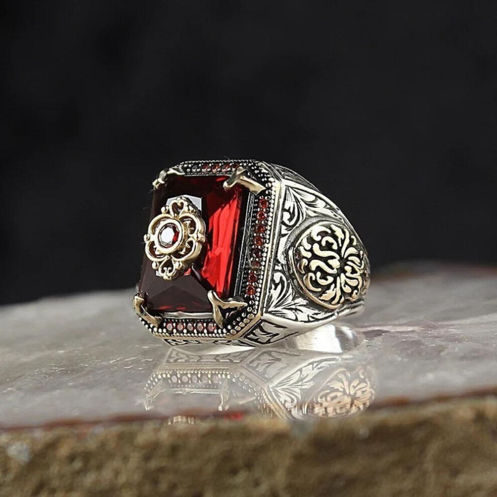 (red, 11) Vintage Men's Ring with Green Zircon, Turkish Handmade
